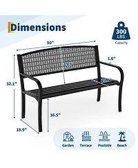 GarveeLife 50" Outdoor Metal Garden Bench, Patio Steel Bench with Curved Backrest, Decorative Pattern, Weather-Resistant Porch for Yard, Park