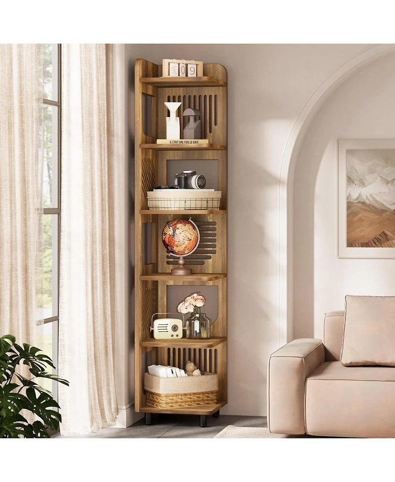 Tribesigns 6-Tier Tall Corner Shelf, 71-Inch Rustic Narrow Bookshelf Bookcase with Square Rack