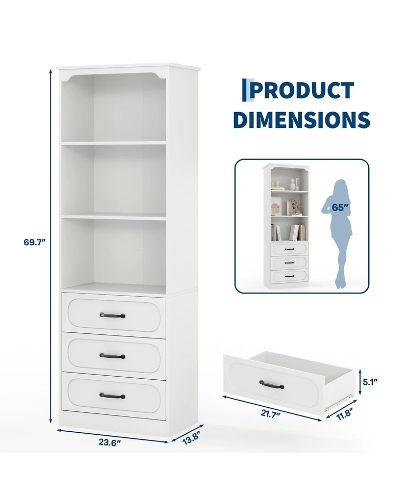 gaomon 70" H Bookshelf with 3 Drawers, Tall Bookcase with 3-Tier Open Shelves Wood Bookcase with Adjustable Shelf Kitchen Storage Cabinets