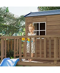 homfan Kids Outdoor Playhouse with Sandbox, 89 Inch 2 Story Wooden Playhouse with Slide and Step Ladder for Backyard