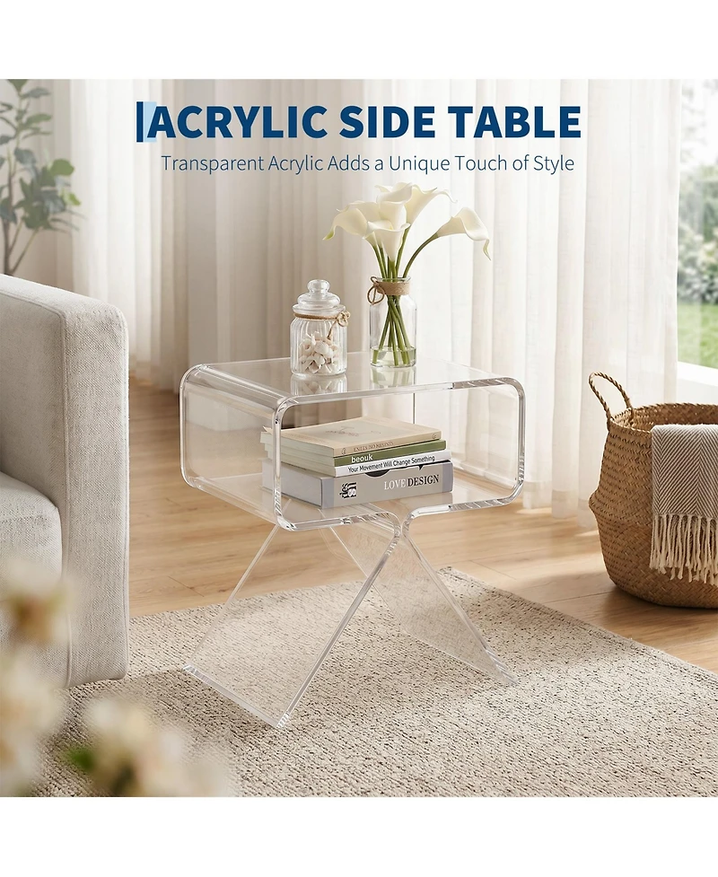 homfan One-Piece Molded Clear Acrylic Side Table with Storage Compartment, 15.35" x 11.81"