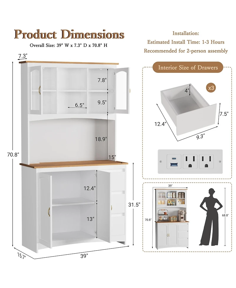homfan Tall Kitchen Pantry Cabinet with Led Lights and Charging Station,Storage Hutch,Countertop,3 Drawers,4 Doors,Adjustable Shelves,Coffee Bar