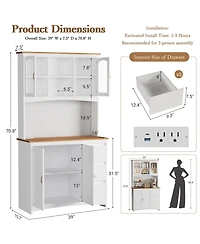 homfan Tall Kitchen Pantry Cabinet with Led Lights and Charging Station,Storage Hutch,Countertop,3 Drawers,4 Doors,Adjustable Shelves,Coffee Bar