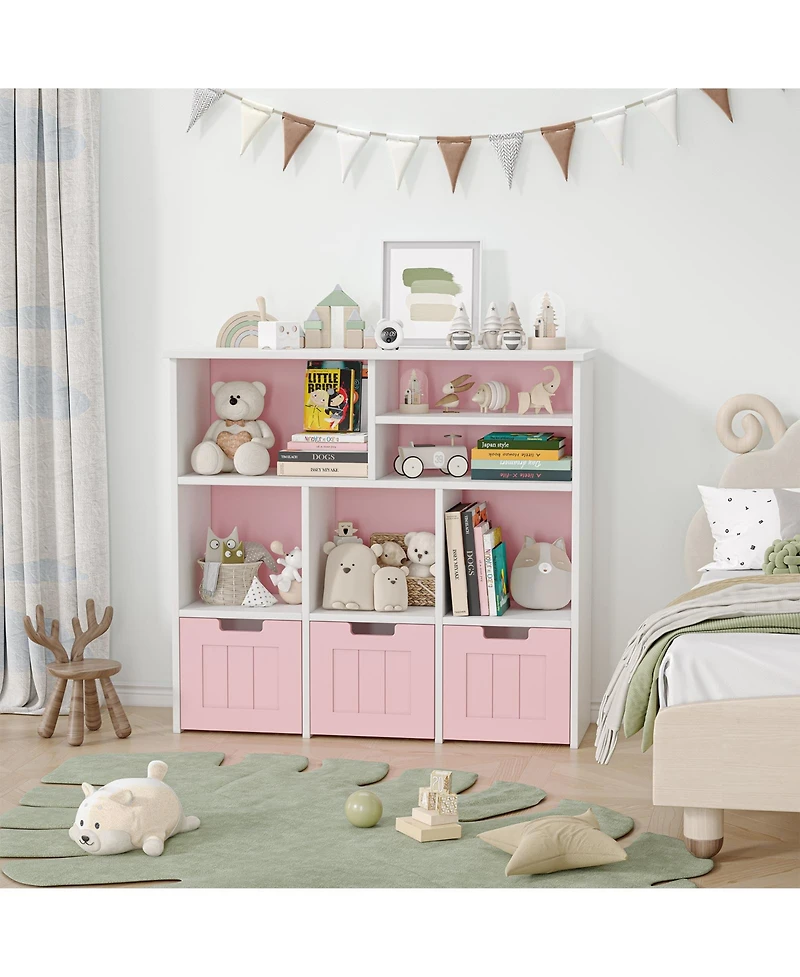 homfan Kids Storage Cabinet with 3 Drawers and 6 Cubes, Bookshelf Toy Organizer with Hidden Wheels, for Bedroom, Playroom and Nursery