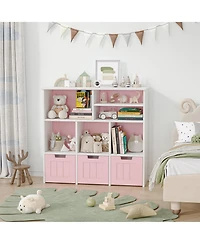 homfan Kids Storage Cabinet with 3 Drawers and 6 Cubes, Bookshelf Toy Organizer with Hidden Wheels, for Bedroom, Playroom and Nursery