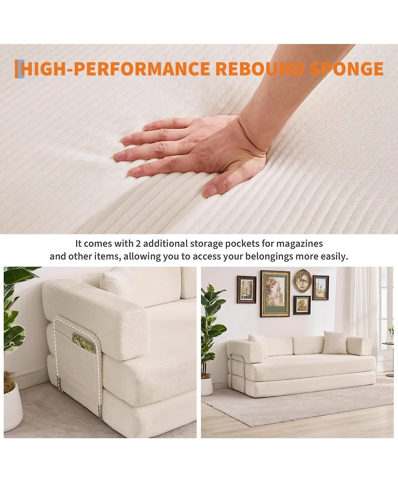 homfan 5-in-1 Convertible Sofa Bed,Oversized Sleeper Corduroy Futon, Multi-Functional Lounge,78.8'' Folding Modular Couch with Fixed Frame and Pillows