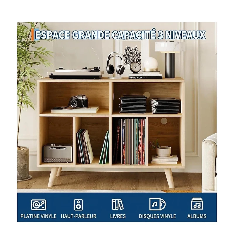 homfan 39.5-Inch Record Player Stand with Vinyl Storage and Charging Station, Holds 350 Albums