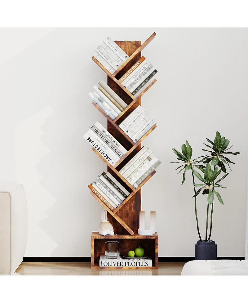 homfan 8 Tier Tree Bookshelf, Free Standing Tree Bookcase with Drawer, Utility Book Organizer Shelves for Home Office, Living Room, Bedroom