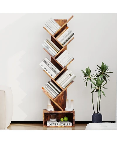 homfan 8 Tier Tree Bookshelf, Free Standing Tree Bookcase with Drawer, Utility Book Organizer Shelves for Home Office, Living Room, Bedroom
