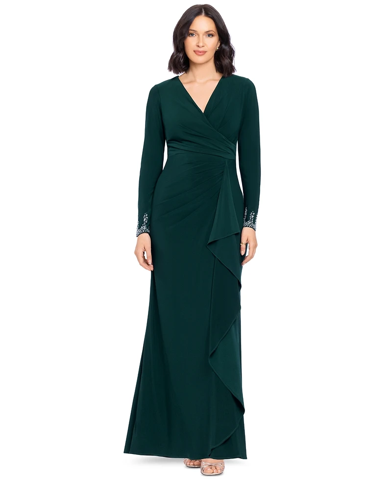 Betsy & Adam Women's Beaded Sleeve Ruched Maxi Dress