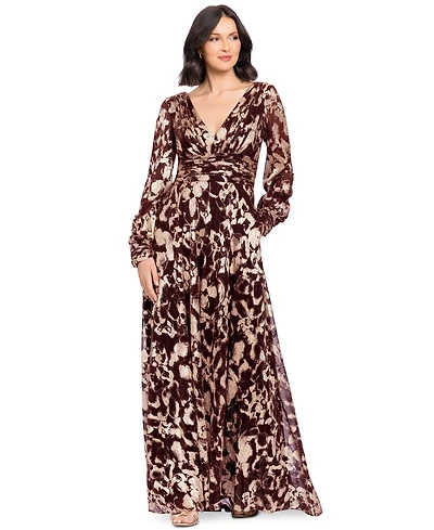 Betsy & Adam Petite V-Neck Long-Sleeve A-Line Gown