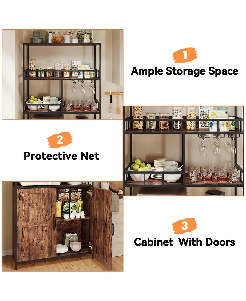 homfan 70.8" Tall Bakers Rack with Cabinet 5-Tier Freestanding Wine and Coffee Bar Cabinet, Wooden Doors, Open Storage Shelves, Metal Spice Rack