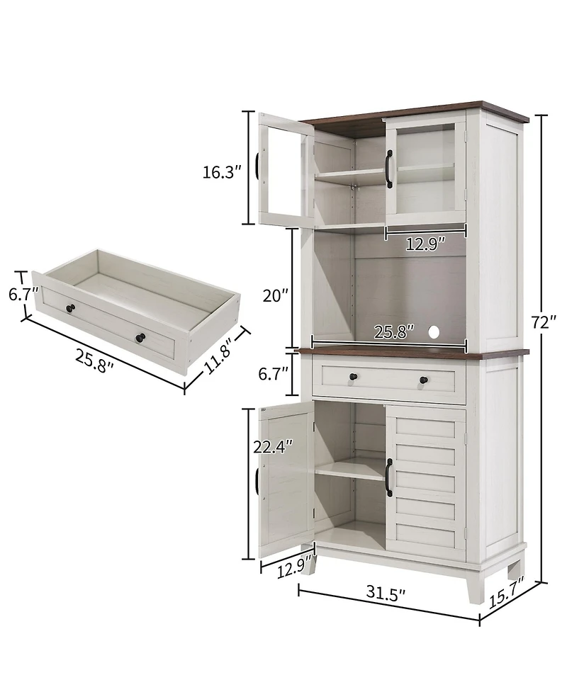 homfan 72" Kitchen Pantry Cabinet with Drawers and Glass Doors, Farmhouse Hutch with Storage, Microwave Stand for Kitchen and Dining Room
