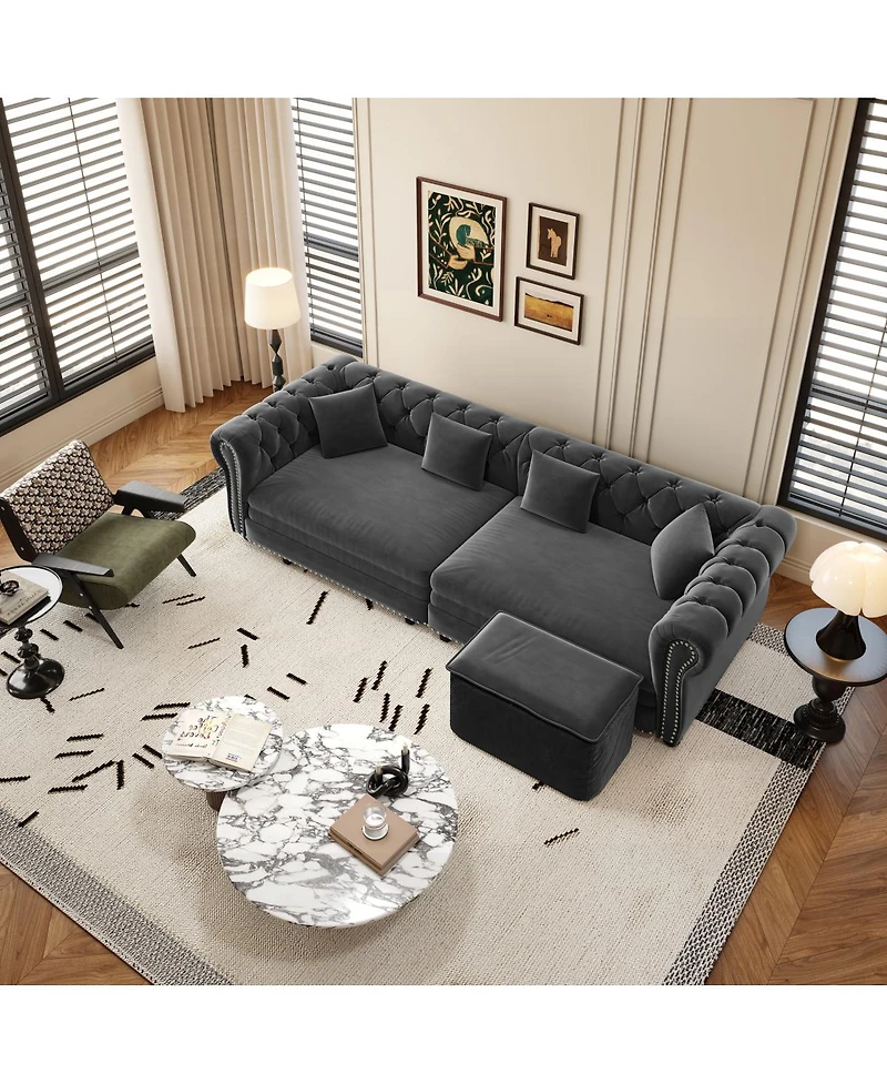 Streamdale Furniture Chesterfield 3-in-1 Velvet Pull-Out Sleeper Sofa with Movable Ottoman