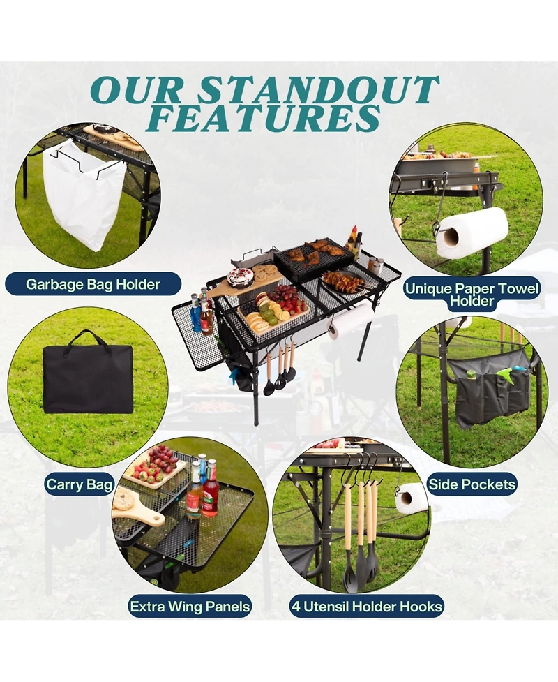 Piscifun Folding Table Carry Bag Storage Wing Panels Adjustable Height Portable Outdoor Camping Bbq Picnic Beach Grill
