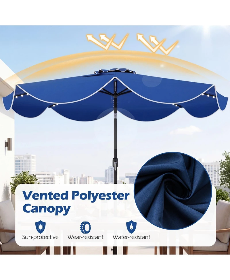 Sugift Scalloped Solar Market Patio Umbrella with 24 Led Lights and Push Tilt
