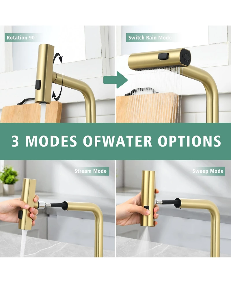 Busdays Brushed Motion Sensor Kitchen Faucet Touchless Led Display Pull Out Sprayer 3 Functions 360 Degree Swivel