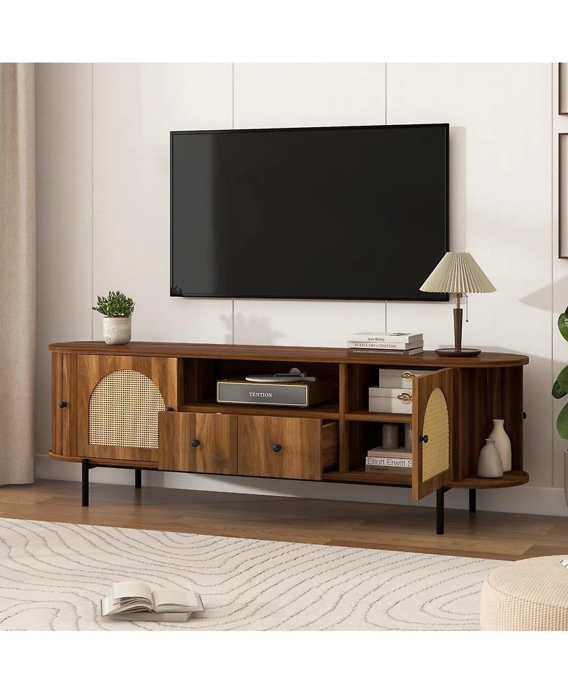 Streamdale Furniture American Style Rattan Tv Stand with Arched Doors and Steel Legs