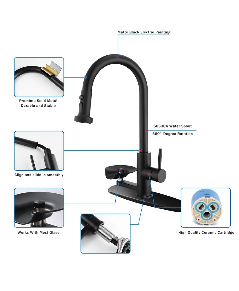 Busdays Matte 3 in 1 Kitchen Faucet High Arc Pull Down Sprayer with Glass Rinser 3 Spray Functions for Modern Kitchen Sink