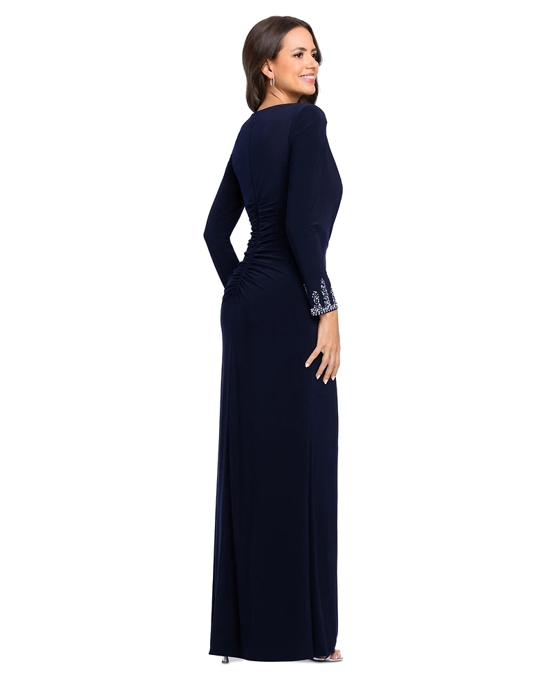 Betsy & Adam Women's V-Neck Gown with Embellished Cuff