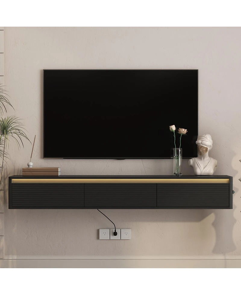 Streamdale Furniture Floating Wall-Mounted Tv Stand with Led Lights and Power Outlet