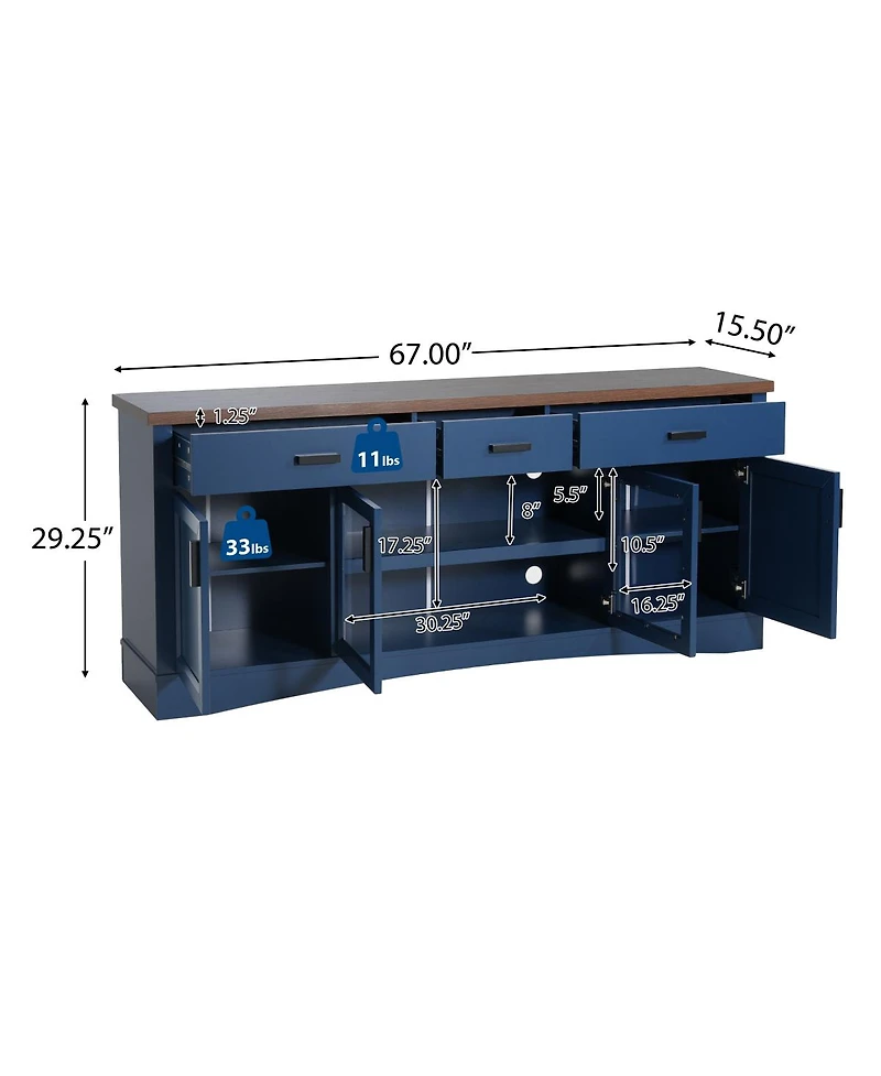 Streamdale Furniture Modern 67" Tv Console with Glass Doors, Storage Drawers and Adjustable Shelves