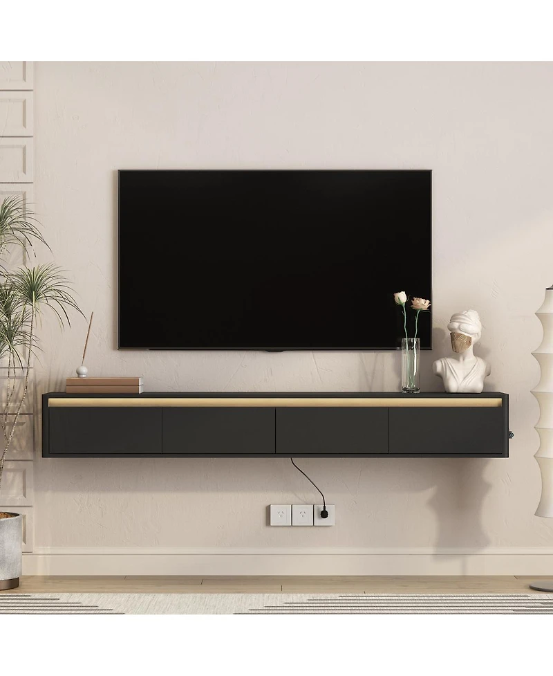 Streamdale Furniture Floating Wall-Mounted Tv Stand with Led Lights and Power Outlet3