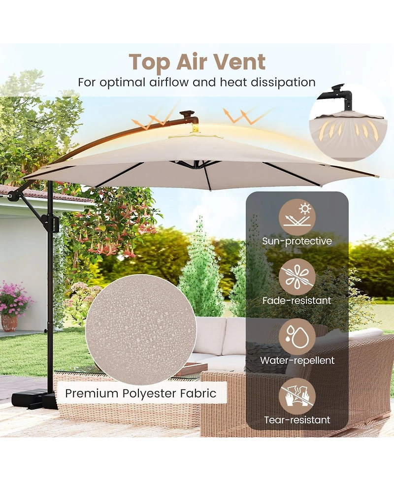 Sugift 10 Feet Solar Offset Hanging Umbrella with Base and Led Lights