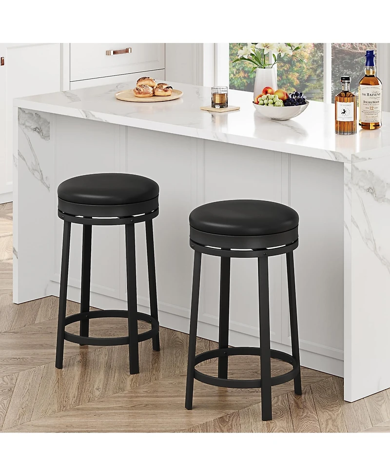 Set of 1/2/4 24 Inch Swivel Counter Height Bar Stools, Backless Round Pu Leather Seat, Strong Metal Frame Modern Chairs for Kitchen Island Home