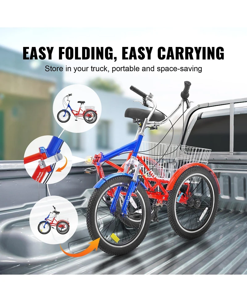 Vevor Folding Adult Tricycle 7-Speed Adult 3 Wheel Trikes Carbon Steel