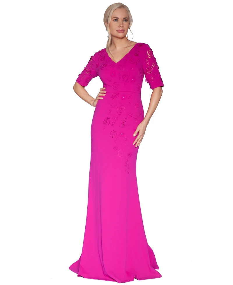 White Tie by Shani Short-Sleeve V-Neck Laser Cut Gown