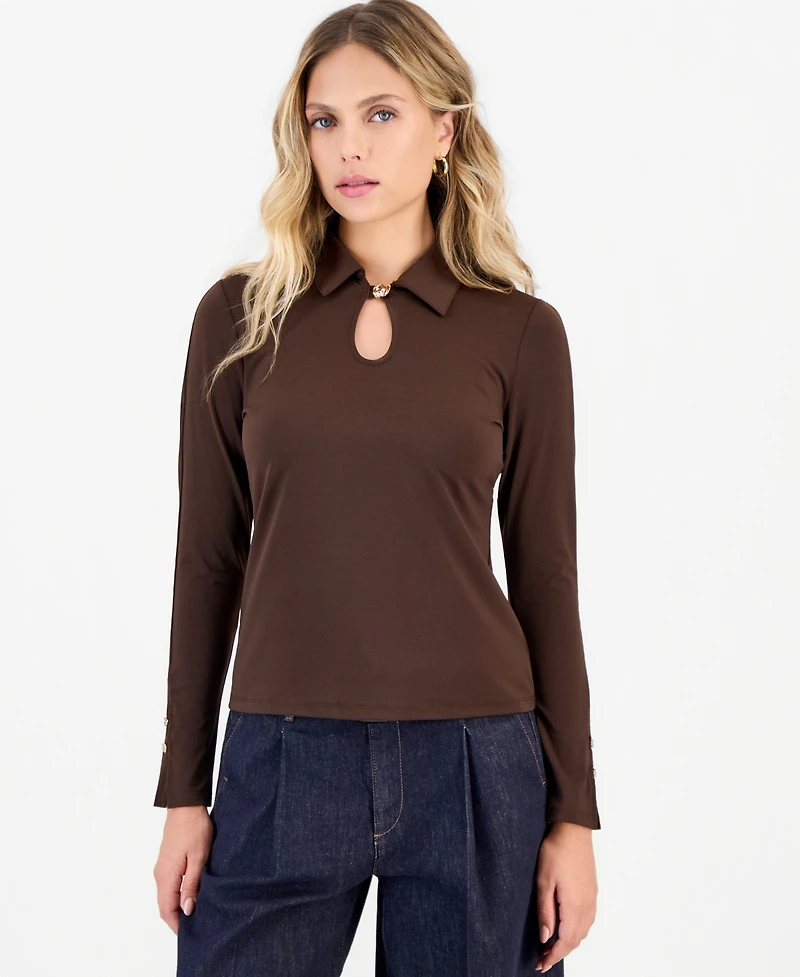 I.n.c. International Concepts Petite Long-Sleeve Point-Collar Keyhole Neckline Blouse, Macy's Exclusive