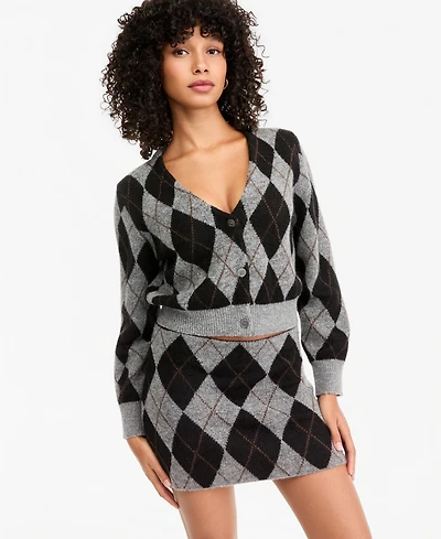 Bar Iii Women's Argyle Cropped V-Neck Cardigan, Macy's Exclusive