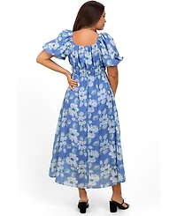 Pinkblush Women's Blue Multi Printed Floral Square Neck Midi Dress