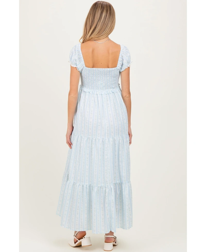 Pinkblush Women's Light Blue Floral Lace Trim Tiered Maxi Dress