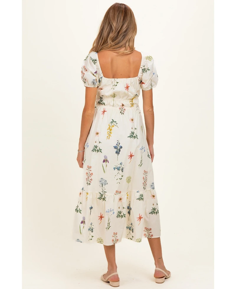 Pinkblush Women's Ivory Floral Puff Sleeve Midi Dress