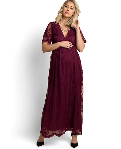 Pinkblush Women's Burgundy Lace Mesh Overlay Maxi Dress