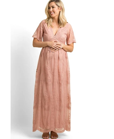 Pinkblush Women's Burgundy Lace Mesh Overlay Maxi Dress