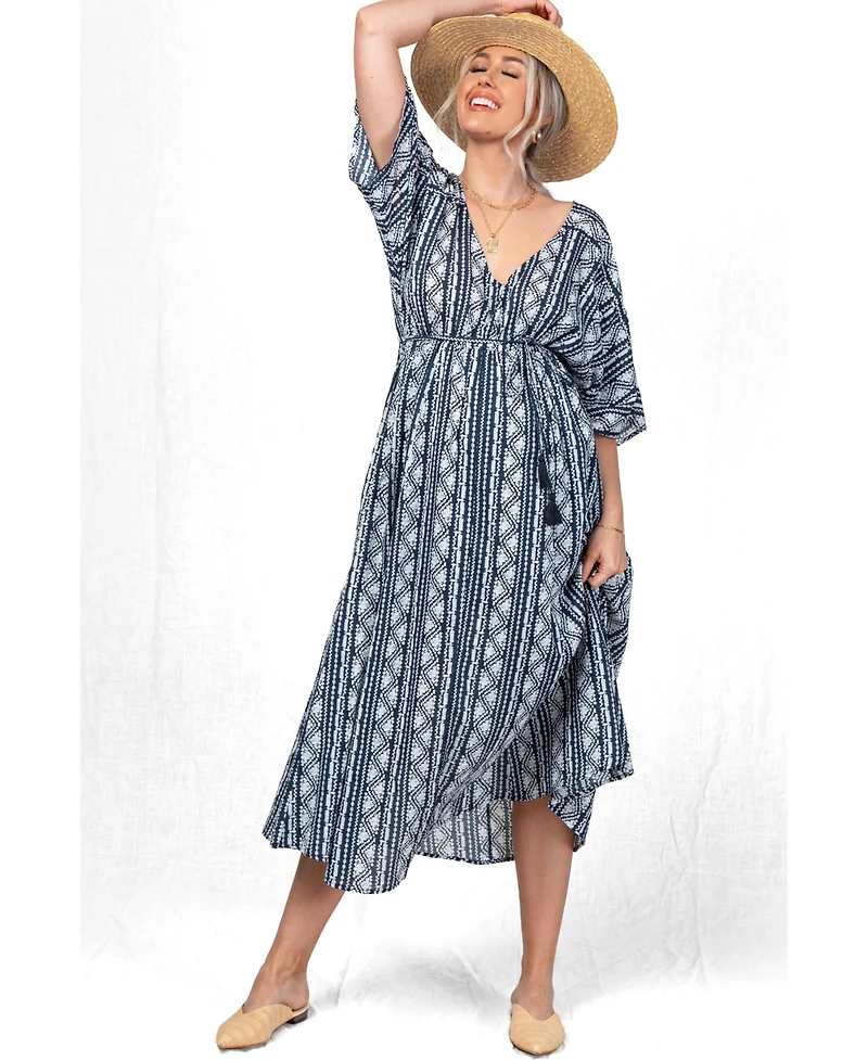 Pinkblush Women's Navy Printed V-Neck Midi Dress