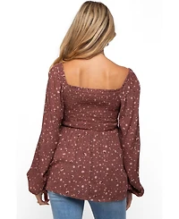 Pinkblush Women's Brown Floral Smocked Long Sleeve Top