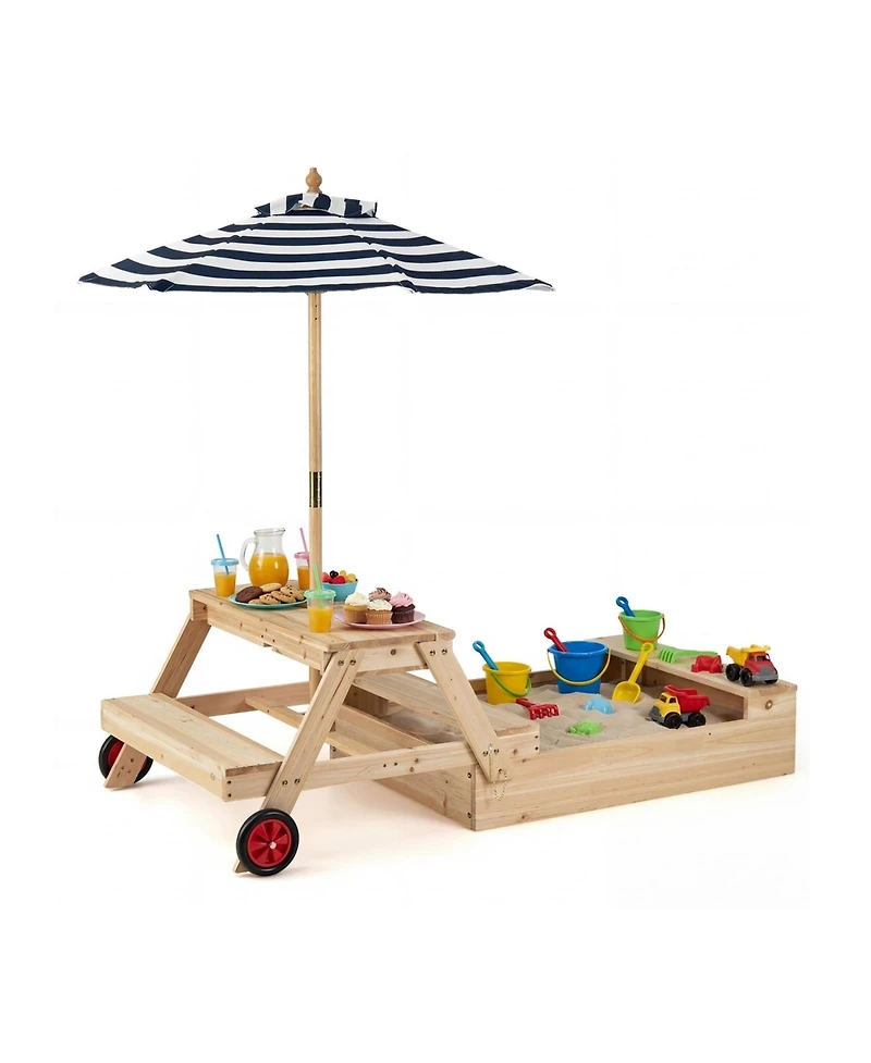 Sugift 2 in 1 Convertible Sandbox Picnic Table, Fir Wood with Adjustable Umbrella, Accommodates 3 Children, Ages 3+