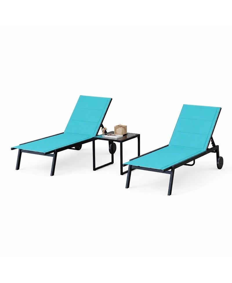 homfan Outdoor Chaise Lounge Chairs Set of 3, 5-Position Adjustable Backrest, Wheels and Side Table, Textilene Fabric, Metal Frame