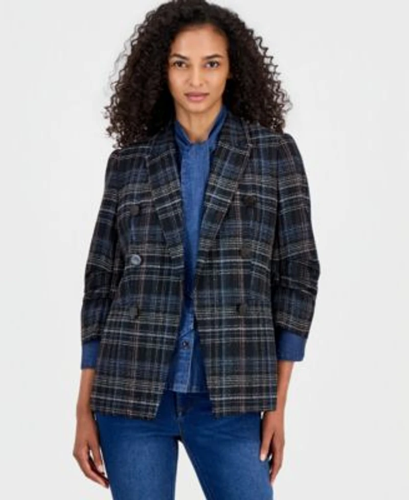 Anne Klein Womens Plaid Blazer Cotton Tie Neck Button Front Top Leo High Rise Bootcut Jeans