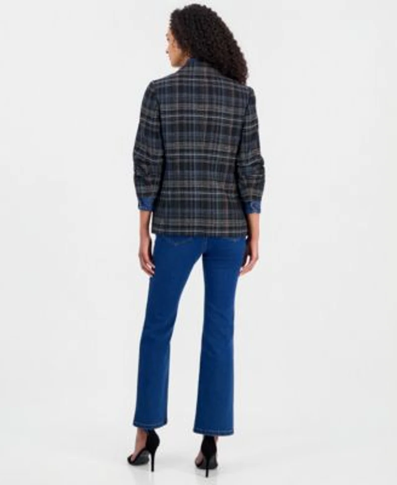 Anne Klein Womens Plaid Blazer Cotton Tie Neck Button Front Top Leo High Rise Bootcut Jeans