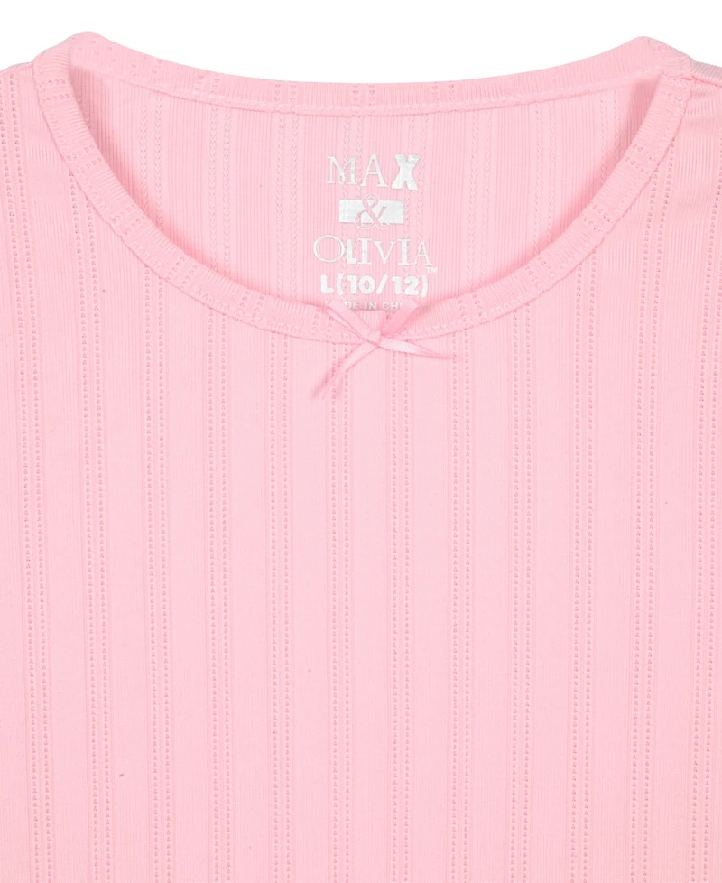 Max & Olivia Girls' 7-16 Rib Top, Milky Print Pants and Matching Scrunchie, 3-Piece Pajama Set