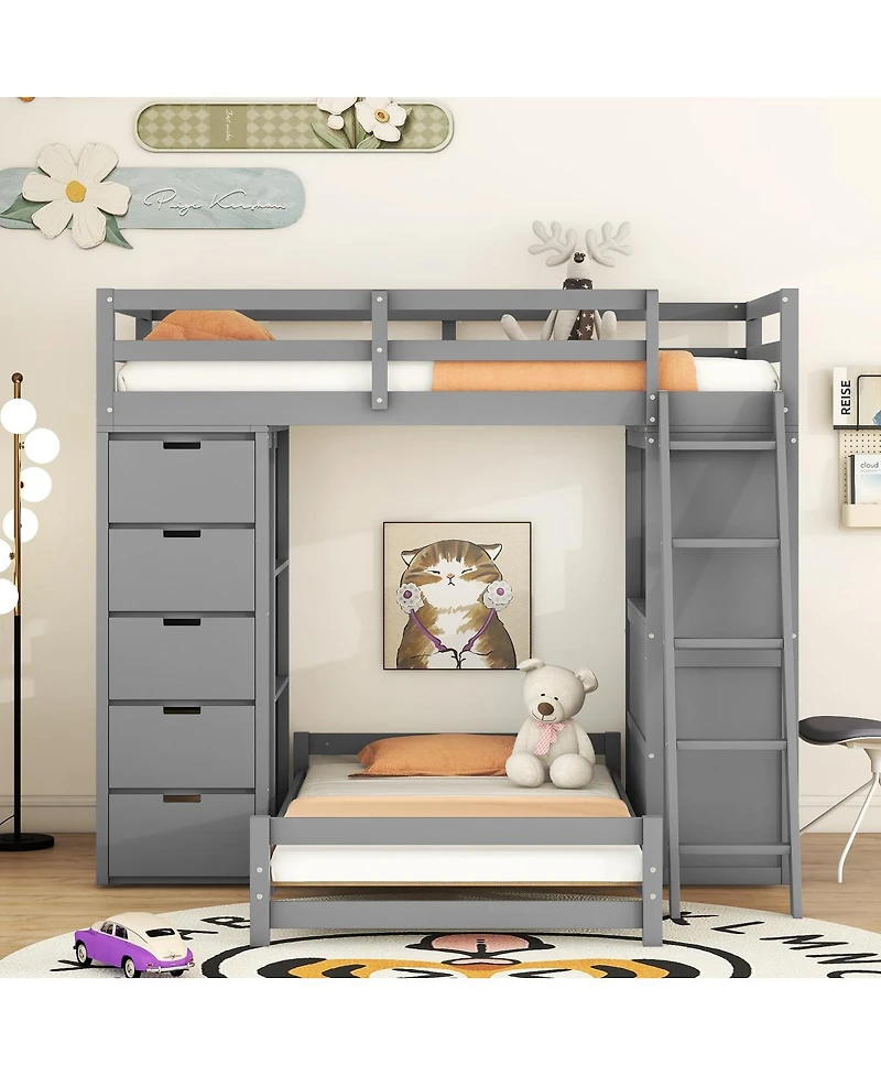 Streamdale Furniture Twin over Twin Bunk Bed with Led Lights and Usb Ports