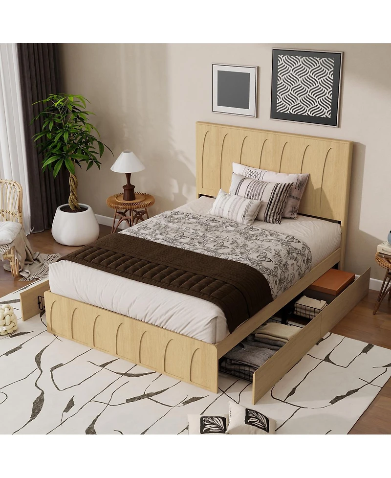 Streamdale Furniture Queen Size Solid Wood Platform Bed with Storage Drawers and Curved Headboard