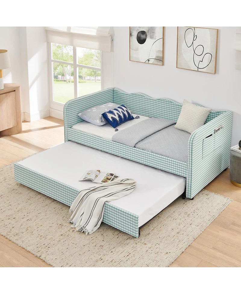 Streamdale Furniture Gingham Upholstered 3-in-1 Twin Daybed with Trundle and Storage