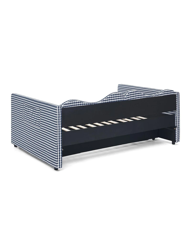 Streamdale Furniture Gingham Upholstered Full-Size Daybed with Trundle and Side Storage Pocket