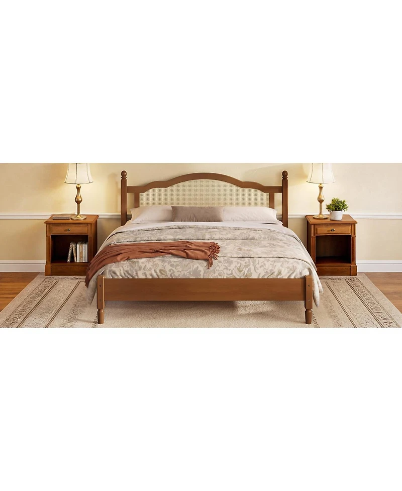 Streamdale Furniture Wooden Platform Bed with Rattan Headboard